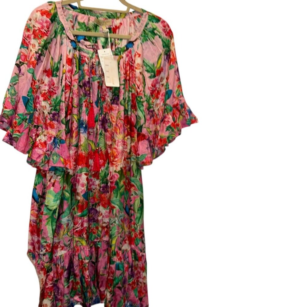 Pink Floral Flouncy cover up short dress True Colors La Moda Clothing NEW NWT XL - Picture 5 of 8